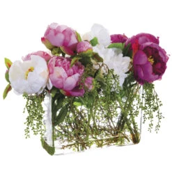 14 Inch Peony And Berry Arrangement In Rectangular Glass Vase