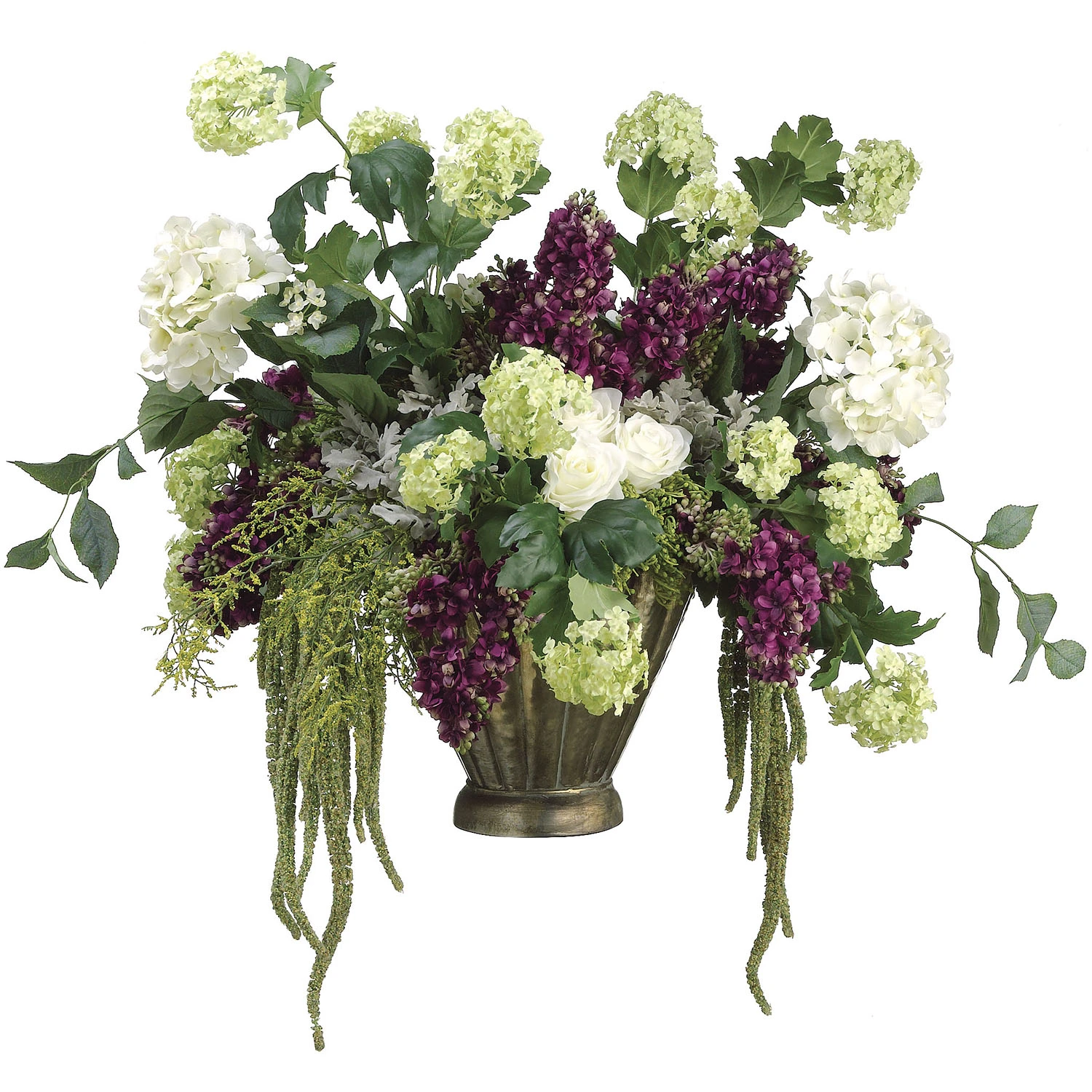 23 Inch Hydrangea, Lilac, Snowball, & Rose Arrangement In Metal Pot 3 23 Inch Hydrangea, Lilac, Snowball, & Rose Arrangement In Metal Pot
