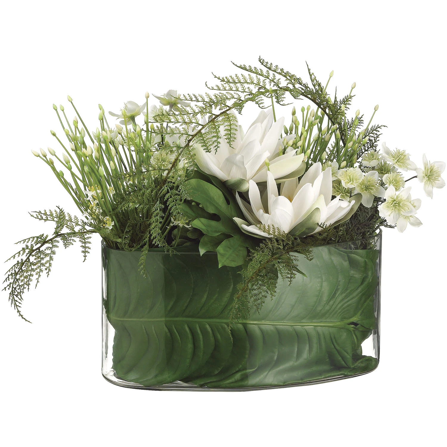 18 Inch Water Lily, Allium, & Lace Fern In Glass Container 3 18 Inch Water Lily, Allium, & Lace Fern In Glass Container