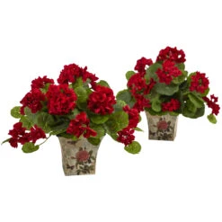 11 Inch Red Geranium Flowering Silk Plant With Floral Planter (Set Of 2)