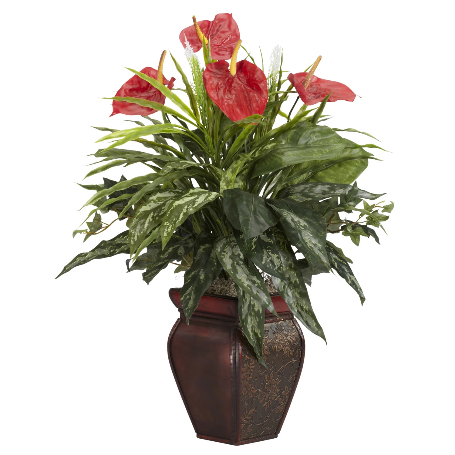 26 Inch Mixed Greens And Anthurium In Decorative Vase 3 26 Inch Mixed Greens And Anthurium In Decorative Vase