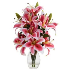 18.25 Inch Indoor Silk Rubrum Lily With Decorative Vase