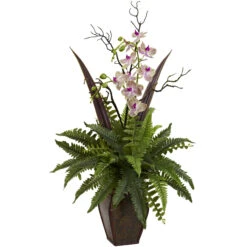 36 Inch Indoor Silk Fern & Orchid Arrangement In Decorative Planter