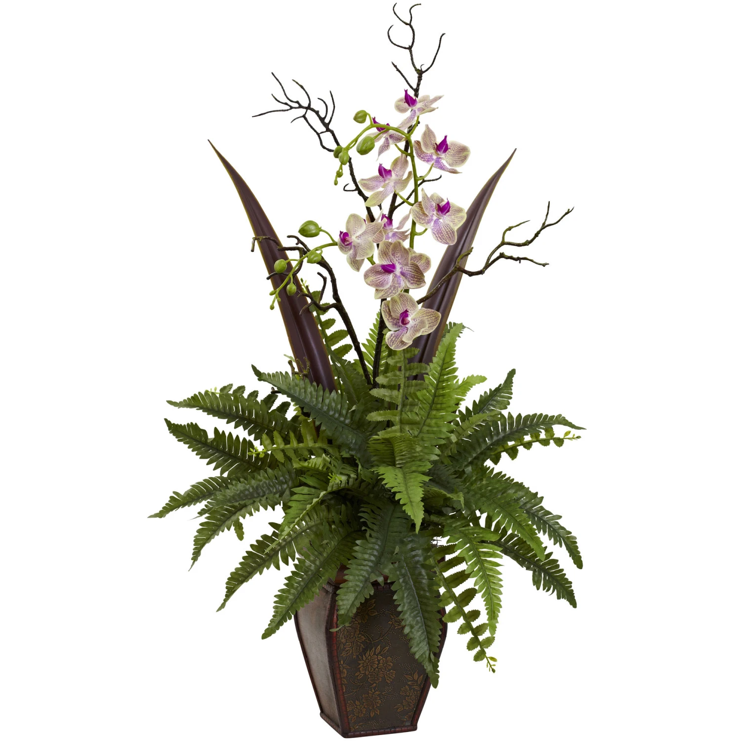 36 Inch Indoor Silk Fern & Orchid Arrangement In Decorative Planter 3 36 Inch Indoor Silk Fern & Orchid Arrangement In Decorative Planter