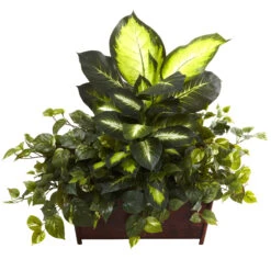 30 Inch Silk Golden Dieffenbachia/Philodendron/Pothos In Wood Planter