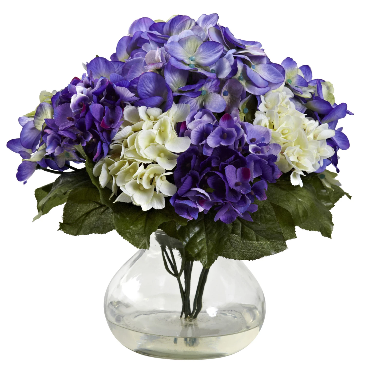 11 Inch Indoor Silk Mixed Blue/Purple Hydrangea In Decorative Glass Vase 3 11 Inch Indoor Silk Mixed Blue/Purple Hydrangea In Decorative Glass Vase