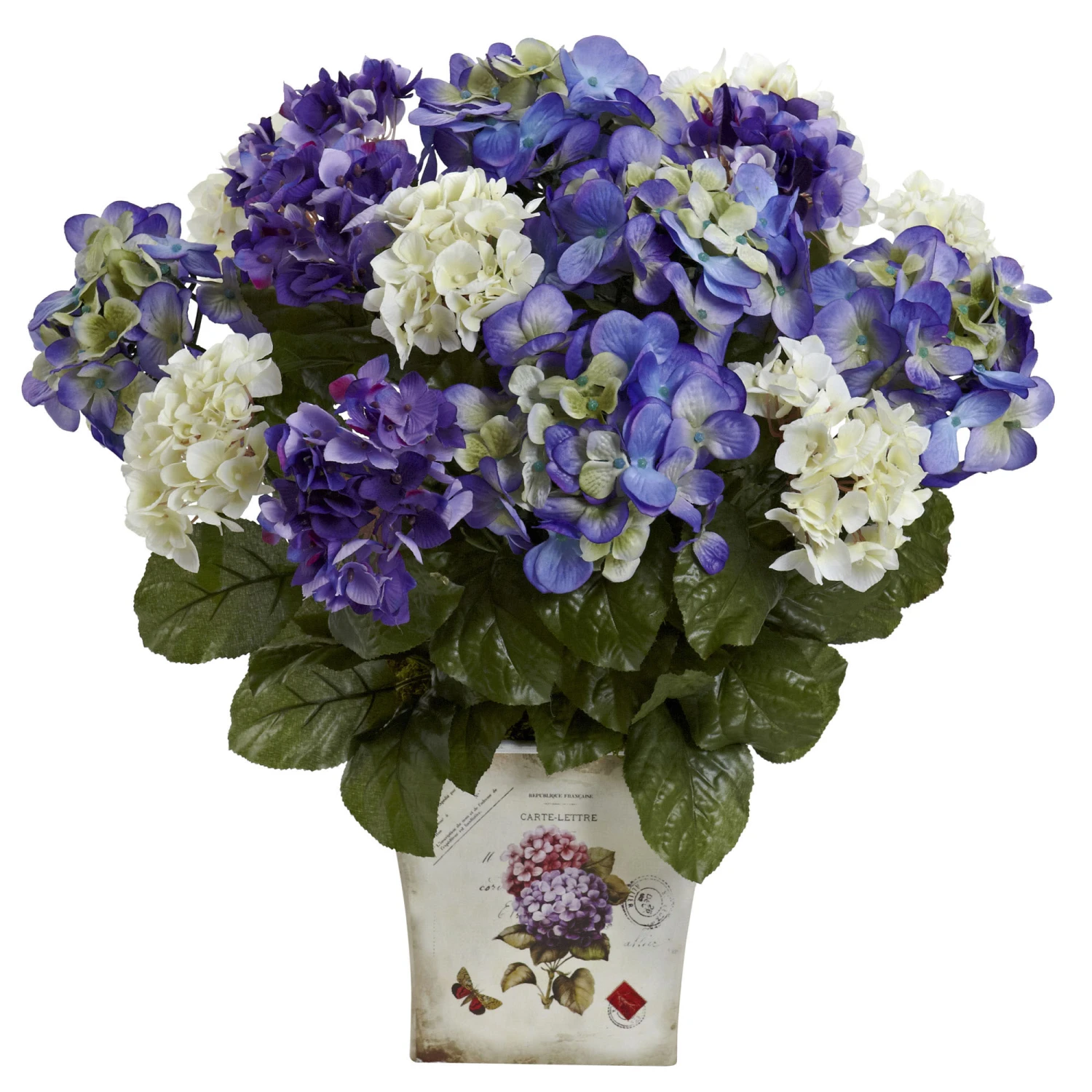 11 Inch Silk Indoor Mixed Blue/Purple Hydrangea In Floral Planter 3 11 Inch Silk Indoor Mixed Blue/Purple Hydrangea In Floral Planter