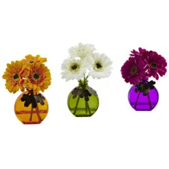 9 Inch Silk Indoor Gerber Daisy In Colored Decorative Vase (Set Of 3)