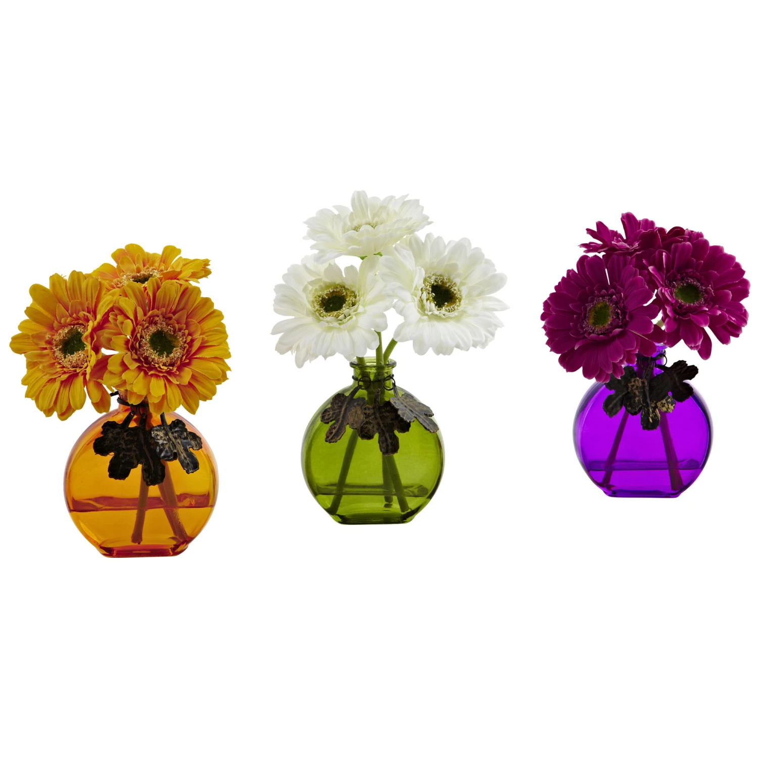 9 Inch Silk Indoor Gerber Daisy In Colored Decorative Vase (Set Of 3) 3 9 Inch Silk Indoor Gerber Daisy In Colored Decorative Vase (Set Of 3)