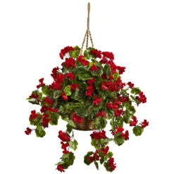 28 Inch Red Outdoor Geranium In Hanging Basket: Limited UV