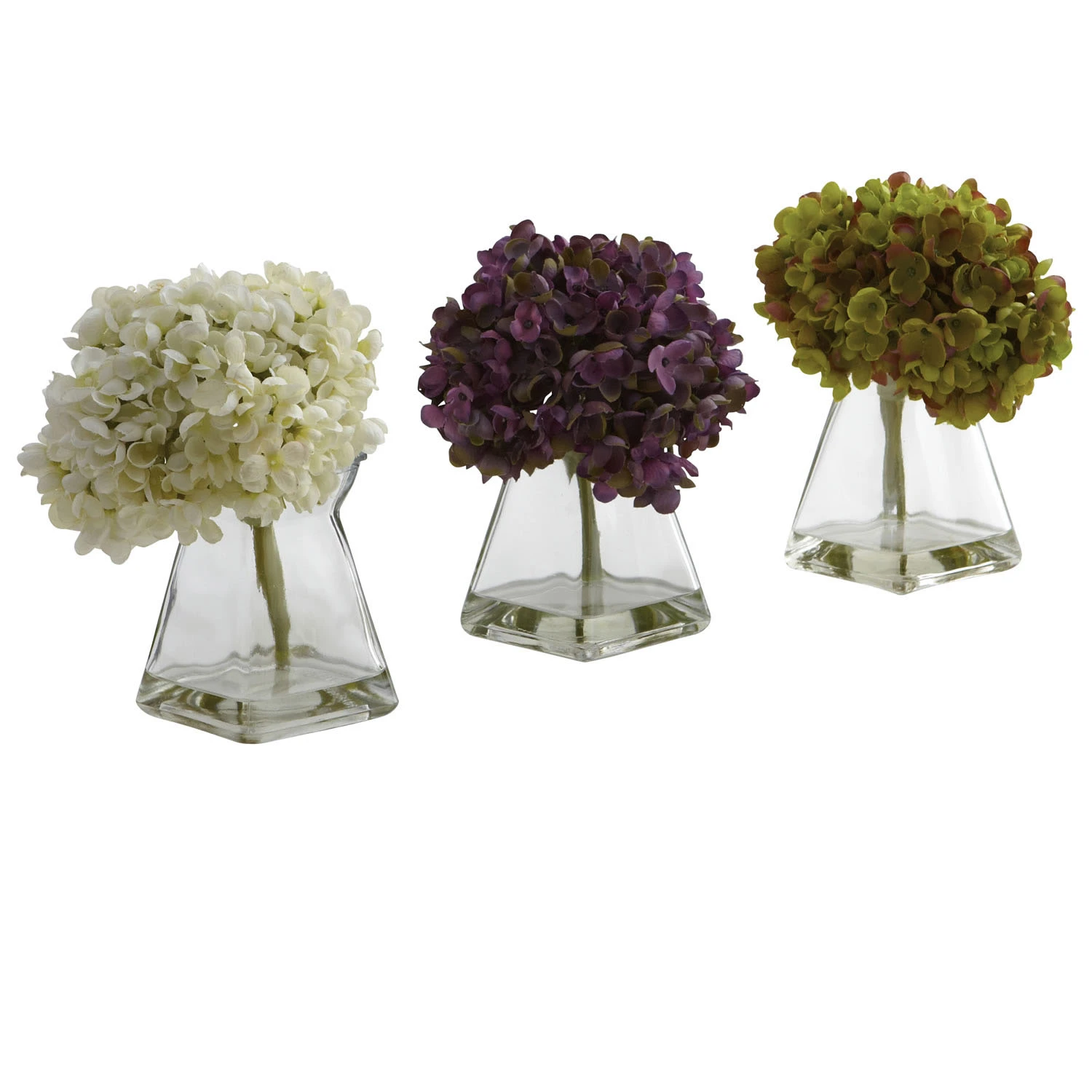 8 Inch Hydrangea In Decorative Glass Vase (Set Of 3) 3 8 Inch Hydrangea In Decorative Glass Vase (Set Of 3)