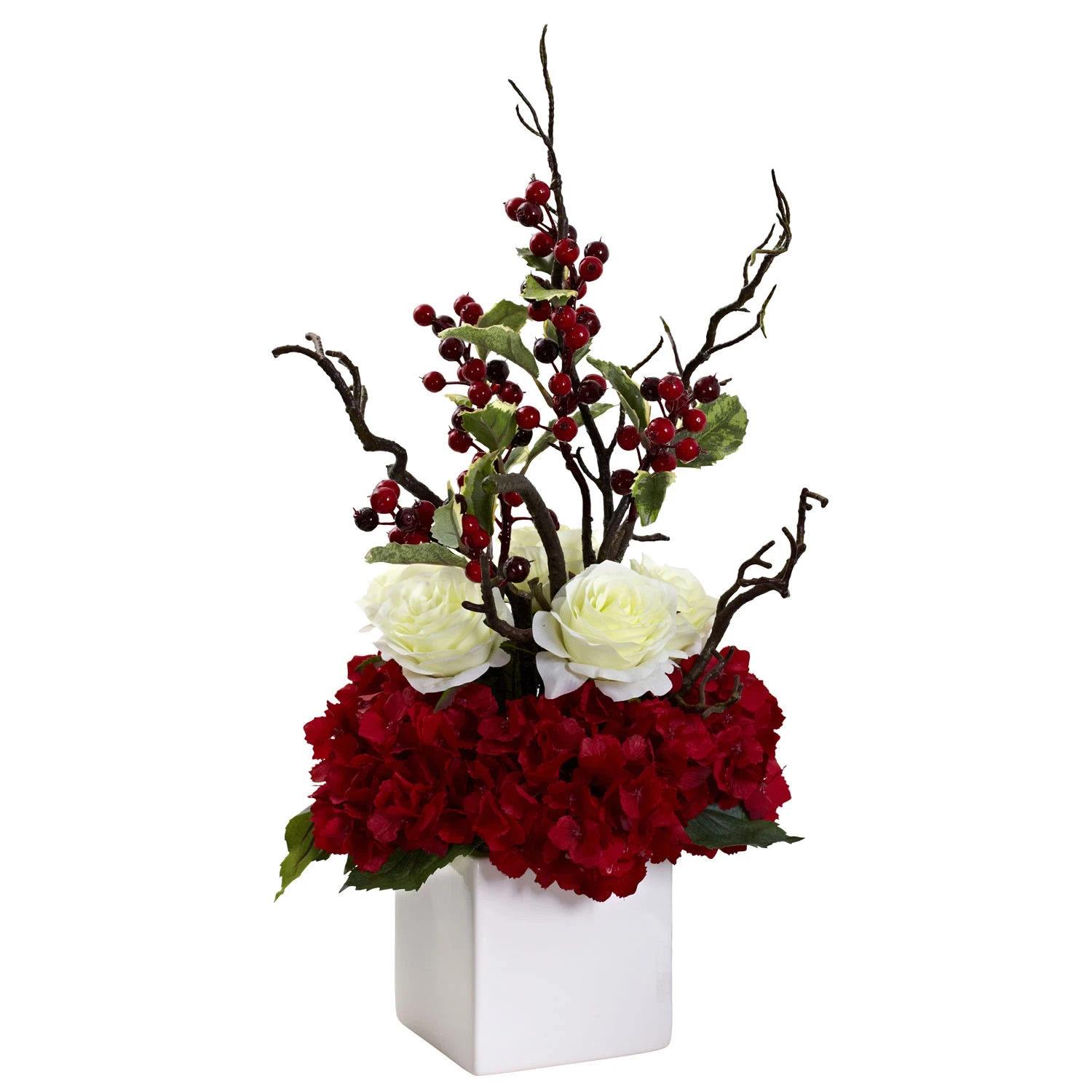 23.5 Inch Holly Berry/Rose/Hydrangea Holiday Arrangement In White Vase 3 23.5 Inch Holly Berry/Rose/Hydrangea Holiday Arrangement In White Vase