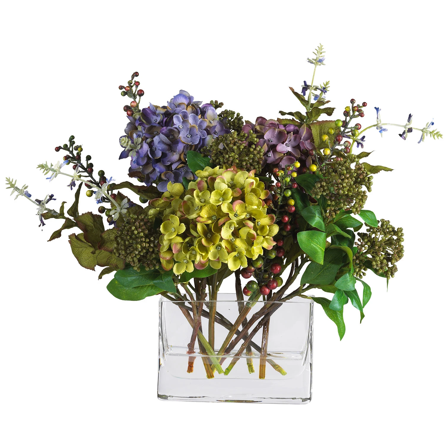 Mixed Silk Hydrangea In Rectangle Vase 3 Mixed Silk Hydrangea In Rectangle Vase