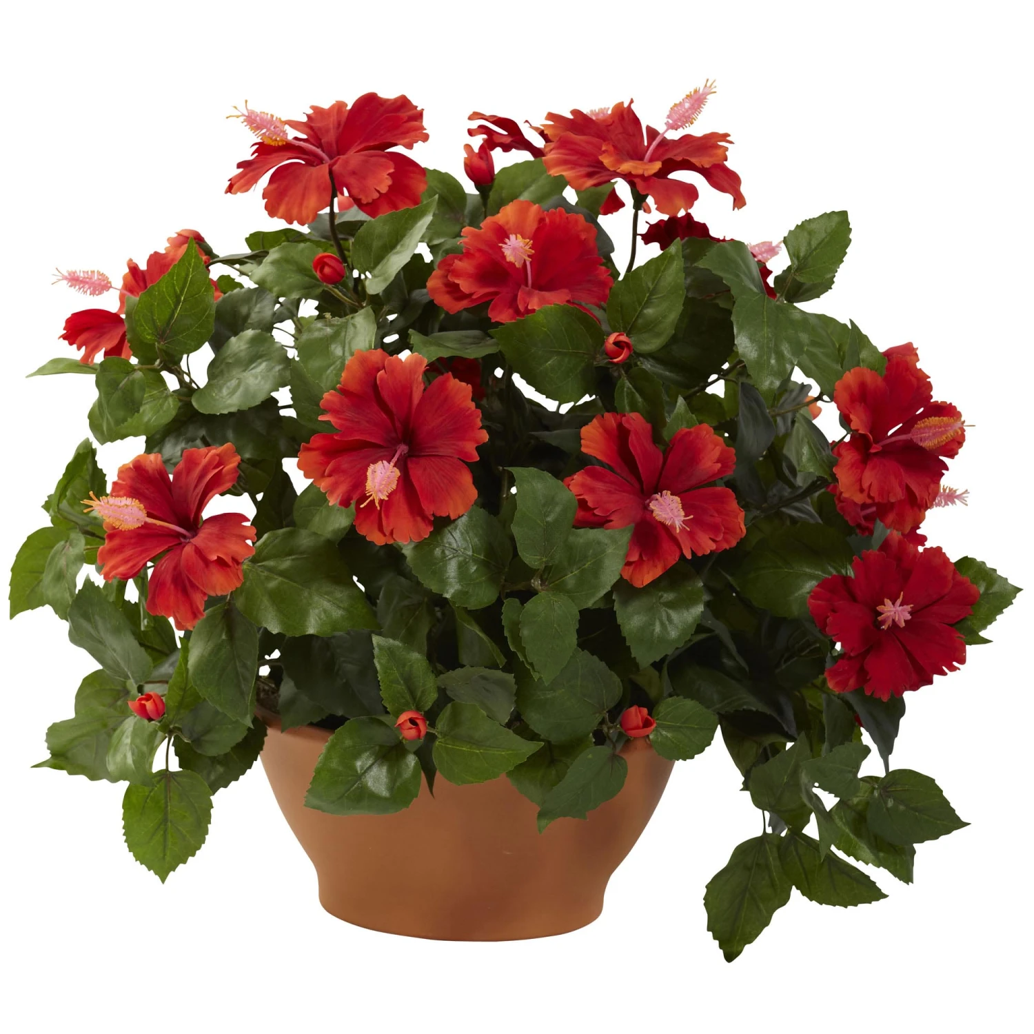 22 Inch Wide Artificial Hibiscus In Clay Planter 3 22 Inch Wide Artificial Hibiscus In Clay Planter
